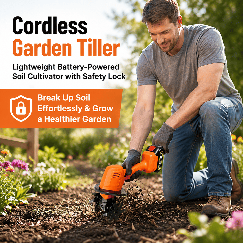🌱 Cordless Garden Tiller – Lightweight Battery-Powered Soil Cultivator with Safety Lock
