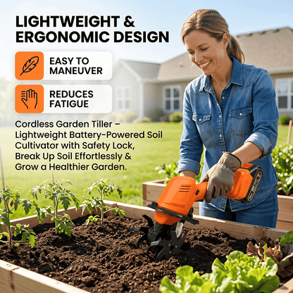 🌱 Cordless Garden Tiller – Lightweight Battery-Powered Soil Cultivator with Safety Lock