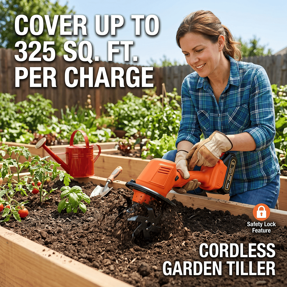 🌱 Cordless Garden Tiller – Lightweight Battery-Powered Soil Cultivator with Safety Lock